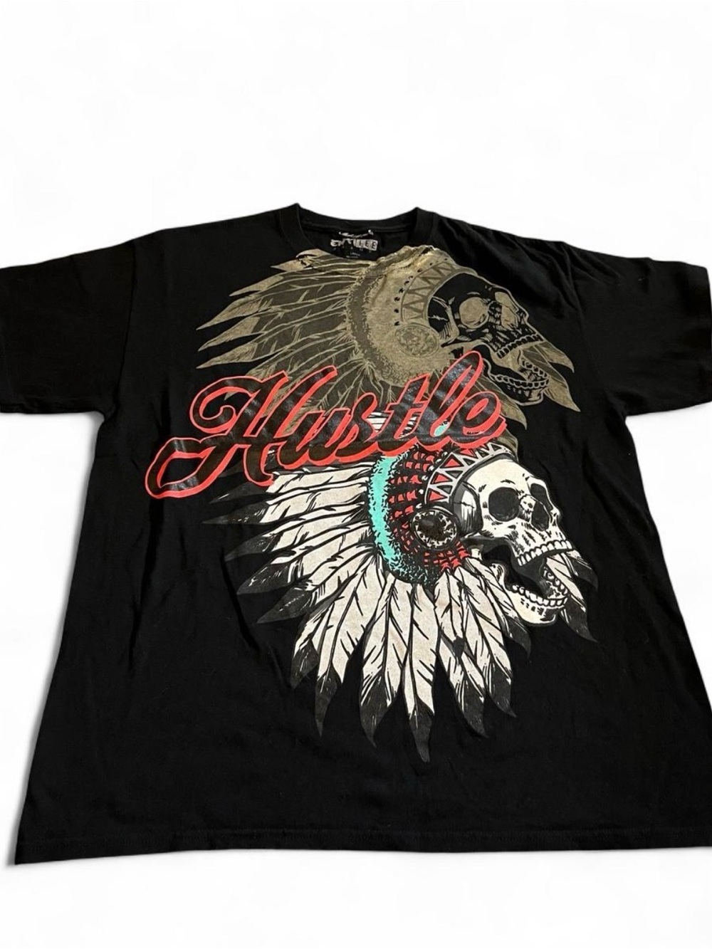 Men’s Y2K Affliction Style Shirt Hustle Native Skull Size L